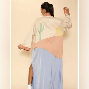Miss Sparkling Desert Sunset Kimono silky long line cardigan cactus M medium EUC
